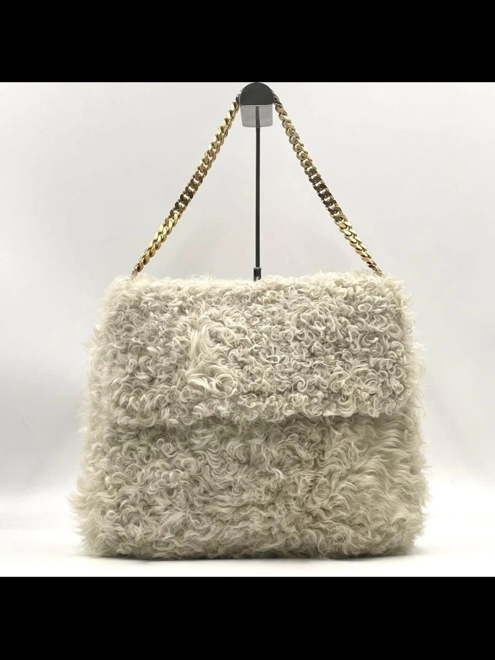 Celine Cream Faux Shearling Shoulder Bag with Gold Chain